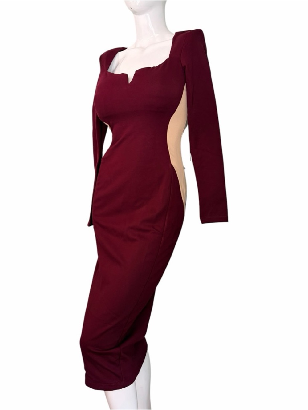 TA3 Notchy Long Sleeve Midi Dress Bodycon Cutout illusions Deep Wine red NWT L - Picture 11 of 16
